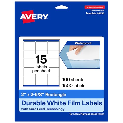 Avery® Printable Durable White Rectangle Labels, Sure Feed® Technology, 2" x 2-5/8", Waterproof Labels, Laser & Pigment-Based Inkjet Compatible, 1500 Total - style: 1,500 labels