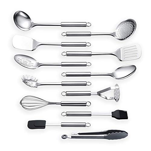 Berglander Cooking Utensil Set 12 Piece Stainless Steel Kitchen Tool Set, Include Cooking Spoon, Spatula, Whisk, Cooking Tong and etc (12 Pieces) - color: 12 Pieces