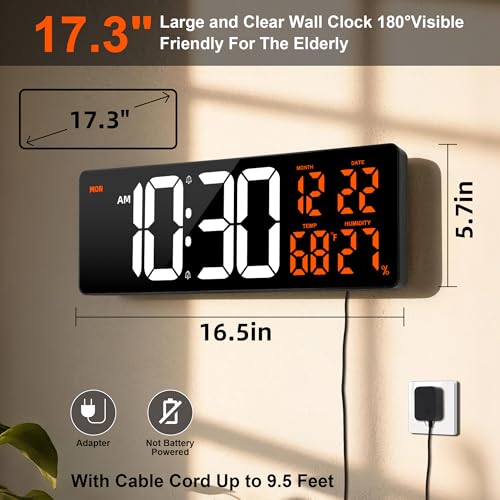 17.3" Large Digital Wall Clock Timer Alarm Clock with 8 Color Night Light - color: Orange&white