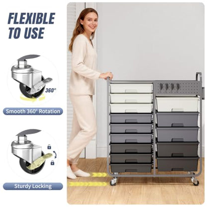 14 Drawer Rolling Storage Cart with Tabletop and Pegboard for Crafts Grey - color: Grey