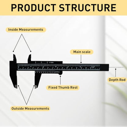 TamBee Plastic Vernier Caliper, 150mm Mini Caliper for School Students, Double Scale Caliper Jewelry Brow Sliding Gauge Ruler Measuring Tool 6Inch 5PCS(Black) - color: Black