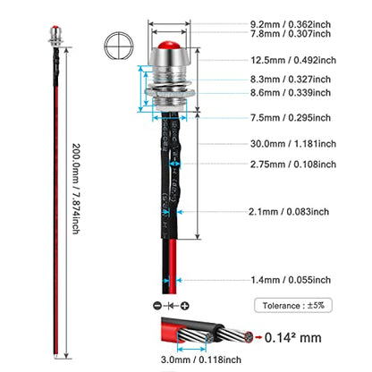 CHANZON 5 pcs 8mm Panel Mount + 5mm LED Colored Red Pilot Diode Light 12V - color: C) Red (5pcs)