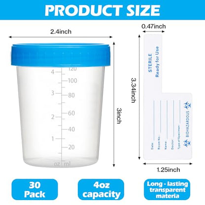 30 Pcs 4 oz Disposable Specimen Cups for Urine Fecal Testing with Leakproof Screw Lids Labels Blue Lids