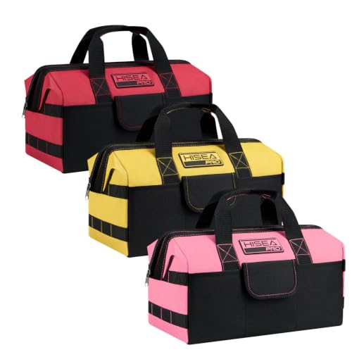 HISEA 3 Pack Heavy Duty Tool Bag, 16-Inch Waterproof Tools Organizer Tote - color: Red, Yellow, Pink, size: 16 Inch