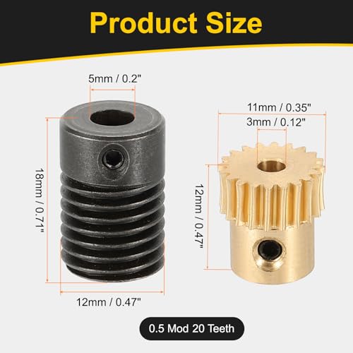 uxcell Worm Gear Set 20T 0.5 Module 20:1 Reduction Rate, Right Rotation Drive Gear Box Wheel Reduce Transmission Part (Brass Gear-3mm Bore, #45 Steel Rod 5mm Bore) - size: Gear-3mm, Rod-5mm Bore, style: 0.5M-20T