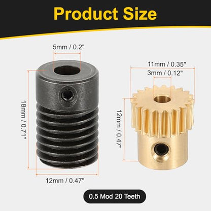 uxcell Worm Gear Set 20T 0.5 Module 20:1 Reduction Rate, Right Rotation Drive Gear Box Wheel Reduce Transmission Part (Brass Gear-3mm Bore, #45 Steel Rod 5mm Bore) - size: Gear-3mm, Rod-5mm Bore, style: 0.5M-20T
