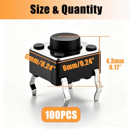 TWTADE 100Pcs Micro Momentary Tactile Push Button Switch 6x6x4.3mm 4Pin Tact Switch Assortment Kit - color: Black-4 Pin/100Pcs