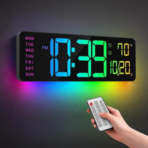 16" Large Digital Wall Clock for Classroom with RGB Remote Dual Alarm Timer - color: Clock-adt-rgb