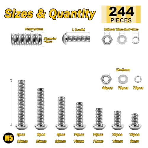 Mywish 244Pcs M5 Screw Metric Screw Assortment Kit 304 Stainless Steel Button Head Socket Cap Metric Screws Bolts, Spring Lock & Flat Washers/Nuts/Hex Wrenches M5*8/10/12/16/20/25/30mm - color: SIiver, size: 244Pcs M5