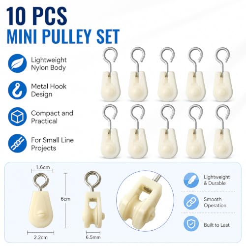 10Pcs White Nylon Mini Pulley Set, Plastic Wire Rope Pulley Wheels, Lightweight Clothesline Pulley Kit