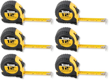 Titan 10912 Tape Measure with Easy-Read Standard Markings and Durable Case, 6-Piece Set, 12-Foot