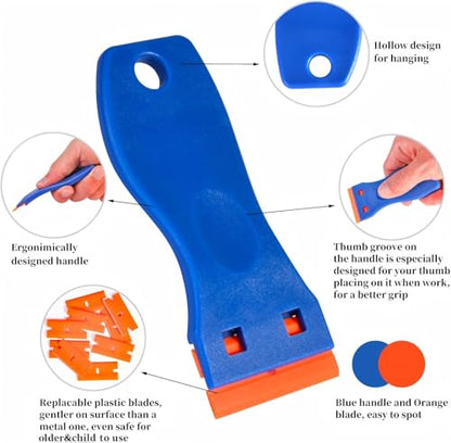 8 PCS Plastic Razor Blade Scraper Tool with 100 PCS Extra Blades, Cleaning Scraper Remover for Stickers Lables Paints Adhesives on Window Glass Car - color: Blue-8pcs