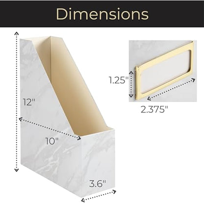 BLU MONACO Set of 4 Magazine Holders | White Marble Design with Gold Label Holders | Foldable File Organizer Boxes for Desk, Office & Classroom | Stylish Paper & Magazine Storage - color: White Gold Marble