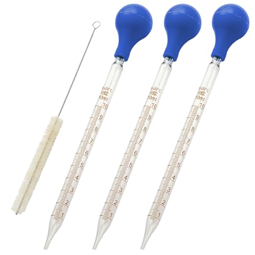 3-Piece Glass Pipette Dropper, 10ml Graduated Liquid Transfer Pipettes with Rubber Bulb and Cleaning Brush, Glass Droppers for Essential Oils and Lab Use, Blue