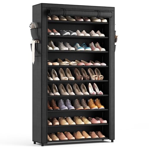 LANTEFUL Shoe Rack with Covers - 10 Tiers Tall Shoe Rack Organizer Large Capacity Shoe Shelf Storage 40 Pairs Space Saving Vertical Shoe Storage Organizer for Closet, Entryway, Dorm, Bedroom - color: Black, size: 10 Tier - 33.8"W