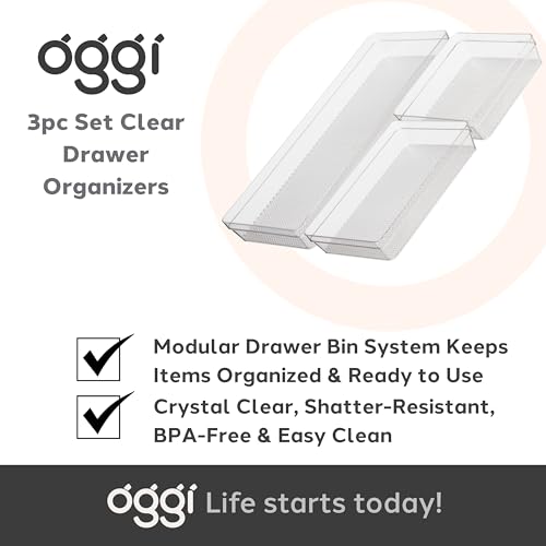 Oggi Set of 3 Clear Drawer Organizers - (1) 6x6.25, (1) 6.25x9.25, (1) 6.25x15.75 - Ideal for Organizing Kitchen Drawers, Office, Desk, Silverware, Kitchen Utensils, Cosmetics and Bathrooms - size: Set of 3