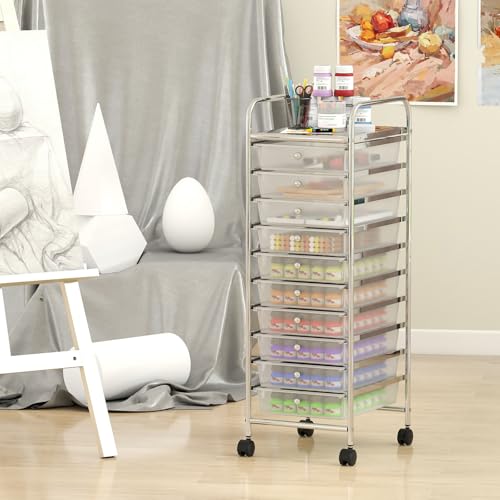 Giantex Rolling Storage Cart with 10 Drawers, Utility Cart with Tabletop, Drawer Organizer with Wheels for Craft Art Paper Tool, Mobile Organization & Sorting for Office Home School School Supplies - color: Clear White, size: 10 Drawer-13"x15"x18"