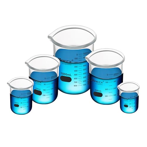 Sturdy Glass Beakers, Heavy- Duty 5 Sizes Set, Vol. 50ml 100ml 250m 500ml 1000ml,3.3 Borosilicate Griffin Low Form with Printed Graduation, BKLS02-005 - style: Vol.50ml 100ml 250ml 500ml 1000ml