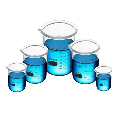 Sturdy Glass Beakers, Heavy- Duty 5 Sizes Set, Vol. 50ml 100ml 250m 500ml 1000ml,3.3 Borosilicate Griffin Low Form with Printed Graduation, BKLS02-005 - style: Vol.50ml 100ml 250ml 500ml 1000ml