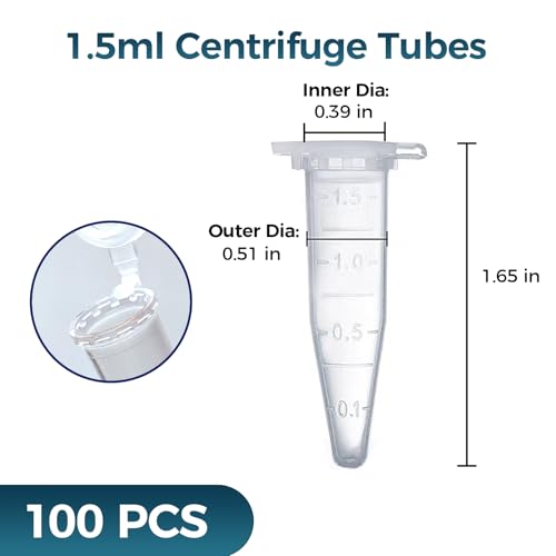 100Pcs 1.5ml Conical Centrifuge Tubes with Snap Cap, Small Sterile Microcentrifuge Tube Test Vials Plastic Sample Storage Container Clear Graduated Non-Pyrogenic, DN/RNase Free for Lab - size: 1.5ML-100PACK