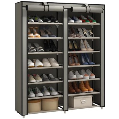 JIUYOTREE Double Row Shoe Rack Storage Organizer with Big Capacity,7-Tier Shoe Cabinet,Shelf,Closet with Nonwoven Fabric Cover for 28 Pairs of Shoes,Grey - color: Grey