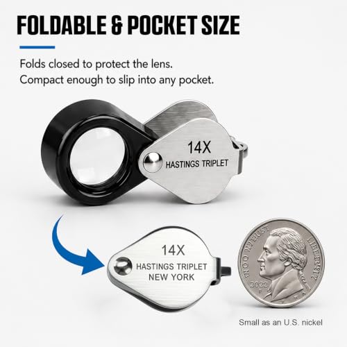 14X Hastings Jewelers Loupe, Mini Triplet Loupe with 12mm Triplet Lens, Stainless Steel Body, Foldable Design, Protective Pouch, Pocket Size Jewelry Loop Magnifier for Gemstone & Coin Collecting