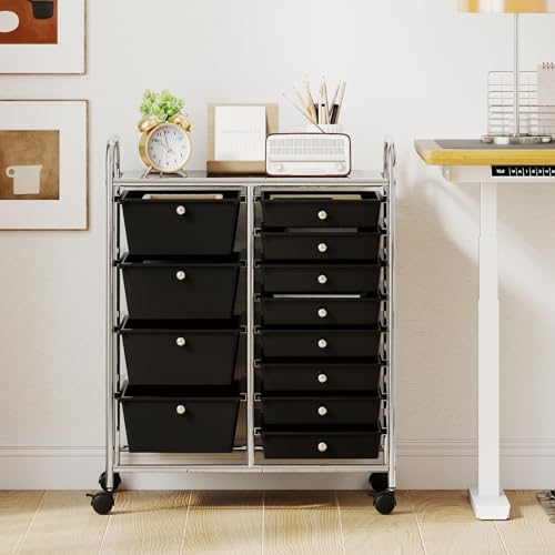 Giantex 12 Drawer Rolling Cart with Drawers, Storage Organizer Cart for Classroom Office School Teacher, Mobile Drawer Cart for Tools, Crafts, Small Printer, Black - color: Black, size: 12 Drawers (4 Big+8 Small)