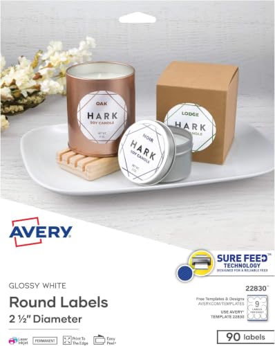 Avery Printable Round Labels with Sure Feed, 2.5" Diameter, Glossy White, 90 Customizable Labels (22830), 2.5" (Pack of 5) - color: White, size: 2.5" (Pack of 5), style: 90 labels