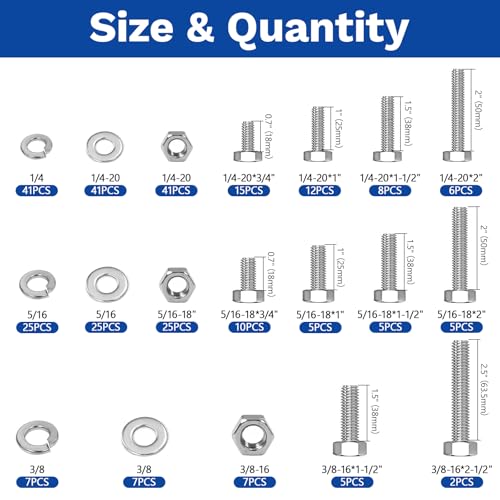 292Pcs M6 M8 M10 Hex Bolts and Nuts Assortment Kit - size: 1/4-20 5/16-18 3/8-16 -292Pcs