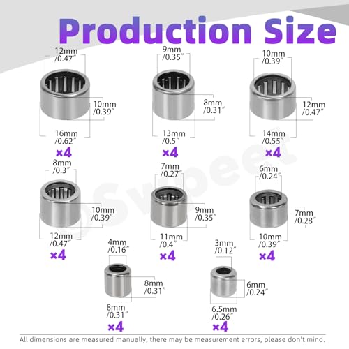 Swpeet 32Pcs 8 Models HK0306-HK1210 Needle Roller Bearings Kit, Full Complement Drawn Cup, Open End Caged Bearing, ST14 Steel Single Row Roller Bearing for Agricultural Construction Equipment