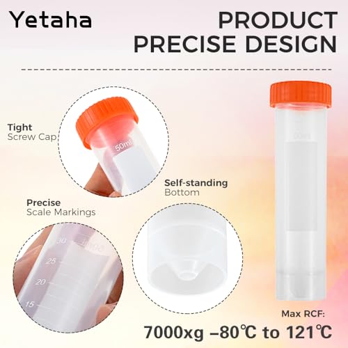 Yetaha 50 Pack 50ml Self Standing Centrifuge Tubes Orange Screw Cap