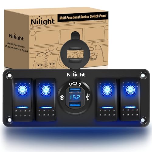 Nilight 4 Gang Rocker Switch Panel with QC3.0 Dual USB Charger Voltmeter - color: Blue, size: 4+1 Gang Dual USB