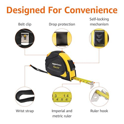 Amazon Basics Self-Locking Tape Measure with Belt Clip, 33 feet (10 m), Inch/Metric Scale, MID Accuracy, Black, Yellow - color: Black, Yellow, size: 10.1 m