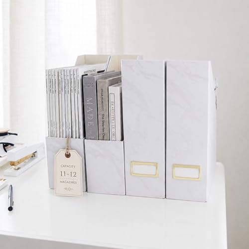 BLU MONACO Set of 4 Magazine Holders | White Marble Design with Gold Label Holders | Foldable File Organizer Boxes for Desk, Office & Classroom | Stylish Paper & Magazine Storage - color: White Gold Marble