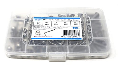 iexcell 100 Pcs M5 x 8/10/12/16/20 Stainless Steel 304 Hex Socket Button Head Cap Screws Bolts Assortment Kit - size: M5 x 8/10/12/16/20mm