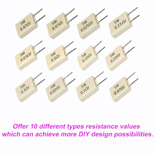 Cement Resistor 5W Assortment Kit, 5W 0.05Ω/0.1Ω/0.15Ω/0.2Ω/0.22Ω/0.25Ω/0.33Ω/0.47Ω/0.5Ω/1Ω Ohm 5W Ceramic Cement Resistor ±5% Tolerance Cement Resistors DIY Kit