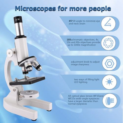 Microscope for Adults & Kids, 40X-2500X High-Power Compound Microscope for Students, School Lab & Home Schooling,Equiped with Slides Set & Phone Holder (Light White) - color: light white