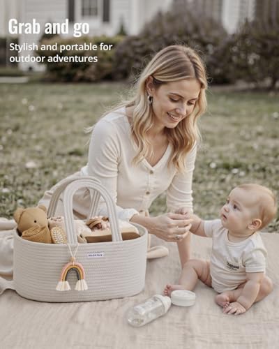 Blissful Diary Diaper Caddy Organizer, Woven Cotton Rope, Beige - color: Oval Beige