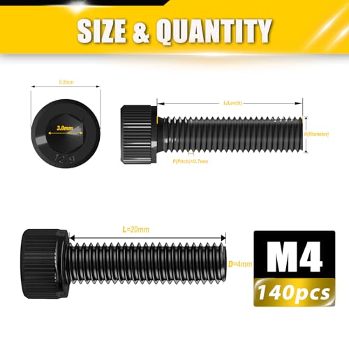 140pcs M4x20mm Screws Hex Socket Cap 12.9 Steel Black Zinc Half Thread - size: M4*20mm 140pcs