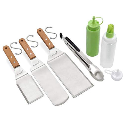 Metal Spatula Set of 6 - Griddle Accessories kit - Grill Flat Spatula Pancake Flipper Hamburger Turner - Metal Utensil Great for BBQ Grill Flat Top Cast Iron Griddle - color: Wooden handle set with tongs and bottles