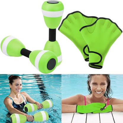 Seenelling Water Aerobics Set for Adults Neoprene Swim Gloves 2 Foam Aquatic Dumbbells Pool Exercise Equipment Water Weights for Aquatic Fitness Low Impact Pool Workouts - color: Green