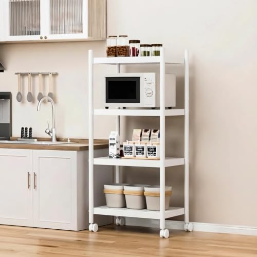VETALLO 4 Tier White Metal Shelving Unit Storage Shelves Rack Utility Stand Shelf Cart Organizer On Wheel for Home Kitchen,Garage,Narrow Pantry,Closet,Laundry,Bathroom(23.6" L x 13.7" W x 47" H) - color: White, size: 4 Tier 23.6" L x 13.7" W x 47" H