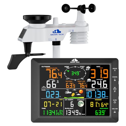 Wireless Weather Station with Outdoor Wireless Sensor, Atomic Clock, Rain Gauge, Wind Speed/Direction, Moon Phase, Wind Chill Index, Outdoor Dew Point, Barometer (No WiFi)