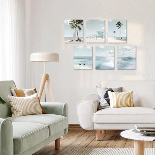 CHDITB Beach Canvas Wall Art, Coastal Palm Tree Surfboard Wall Decor, Ocean Wave Seagull Artwork, Minimalist Surfing Pictures, Tropical Beach Prints for Bathroom Living Room seaside Bedroom 8”x10”x6 - color: Ocean, size: 8x10 inches