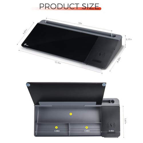TOWON Glass Desk Whiteboard 16x7 in, Wireless Charger and Storage, Black - color: Charger Black