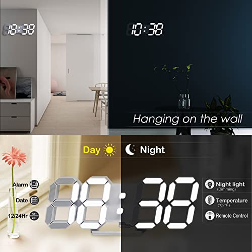 KOSUMOSU 3D LED Digital Wall Clock ,9.7", Large Display Table/ Desk Clock with Remote Control 12/24H Temperature (White Light) - color: 9.7in Clock-white Light