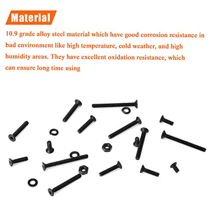 HELIFOUNER 560 Pieces M2 x 4mm /6mm /8mm /10mm /12mm /16mm /20mm, Countersunk Head Socket Cap Screws Bolts Washers Nuts Kit, 10.9 Grade Alloy Steel, Full Threaded, Black - size: M2, style: Countersunk Head