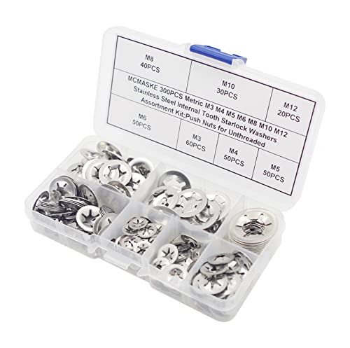 300PCS Metric M3 M4 M5 M6 M8 M10 M12 Stainless Steel Internal Tooth Starlock Washers Assortment Kit;External Push Rings; Push On Washers;Push Nuts for Unthreaded Shafts