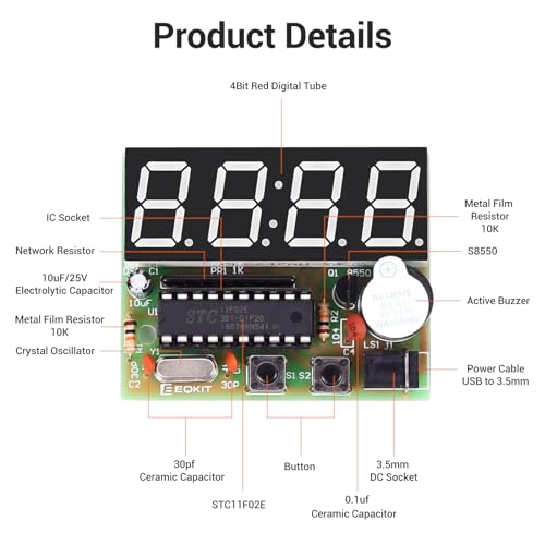 MiOYOOW 4-Digit Digital Clock Kits with PCB, DIY Alarm Clock Soldering Project Kit for Learning Electronics Soldering Practice with English Instructions - color: 1 Pack-4 Digit Clock Kit(0.56 Inch)