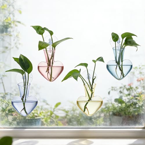 Bunmery Window Propagation Stations, 4 pcs Colored Heart Plant Propagation Station with Suction Cups, Easy to Install Window Hanging Planer, Indoor No Nails Glass Vase Terrarium for Plants&Flowers - color: Colorful Heart, size: 4 PCS